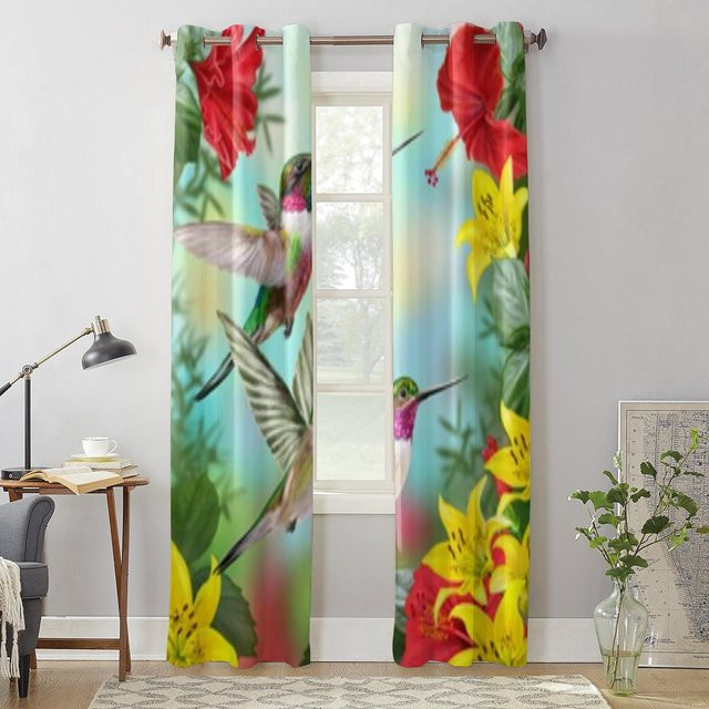 Super Six Fenstervorhänge mit Kolibris, Hibiskus und gelben Lilien, semi-transparent, Polyester, Mehrfarbig, B: 100 cm, H: 160 cm, 2er-Set - Bild 1