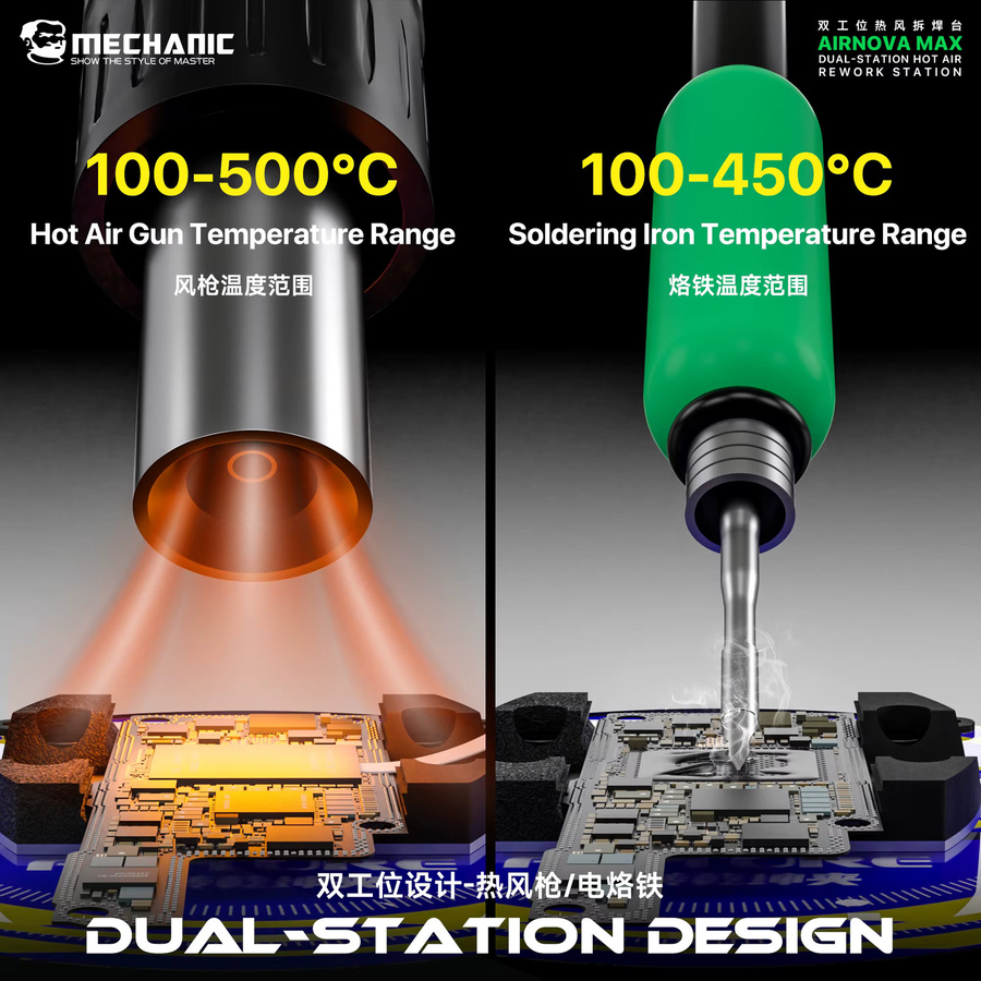 MECHANIC AirNova Max Dual-Station Lötstation mit Heißluftpistole und elektrischem Lötkolben in Schwarz - Bild 3