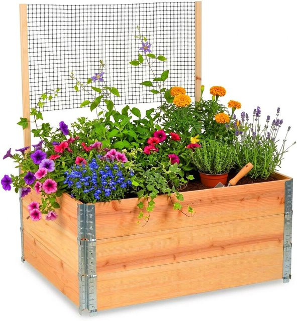 Relaxdays Hochbeet aus Tannenholz Natur mit Rankhilfe, Farbe Braun, B/T/H: 120 x 118 x 80 cm - Bild 1