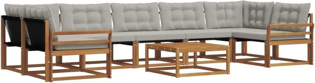 vidaXL Outdoor-Sofagarnitur 8-teilig aus Akazienholz und Textilene in Natur und Hellgrau mit Kissen und Armlehnen - Bild 1