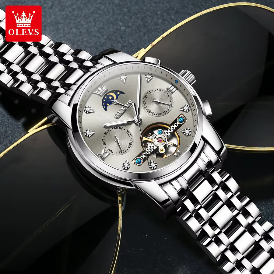 OLEVS Armbanduhr Automatik, Edelstahl, Schwarz, Mondphasen-Kalender, Herren - Bild 3