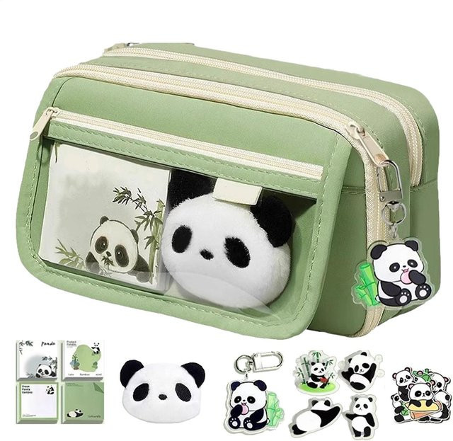 Niedriges Panda Federmäppchen mit Reißverschluss in Grün aus Textil - Bild 1