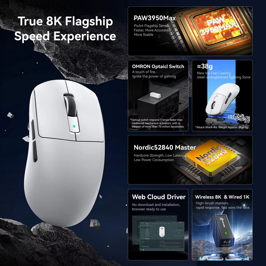 ATTACK SHARK R6 PAW3950MAX Kabellose Gaming-Maus in Weiß mit 8 kHz Polling, ultraleicht 39 g, Nordic 52840 MCU und optischen Omron-Mikroschaltern - Bild 2