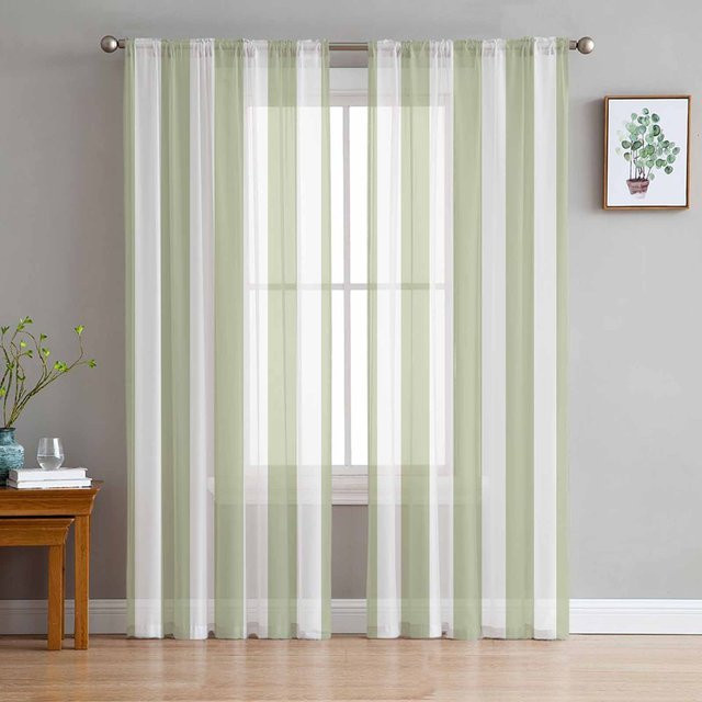 Transparente Salbeigrüne Vorhänge mit Streifenmuster aus Organza und Tüll, Breite: 135 cm, Höhe: 115 cm - Bild 1