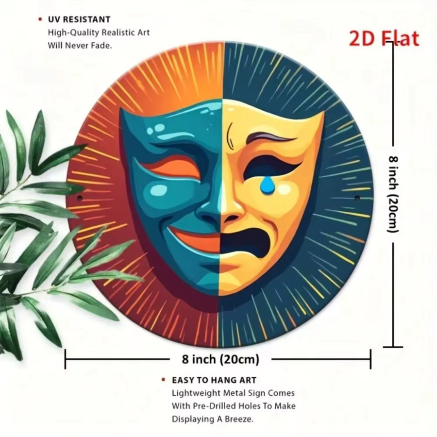 Vintage Metallschild CIFBUY mit Drama-Masken in Blaugrün und Rot, runde Wandkunst für dein Zuhause - Bild 2