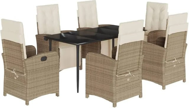 vidaXL 7-teilige Garten-Essgruppe aus Poly-Rattan in Beige mit Kissen und Hartglas-Tischplatte - Bild 1