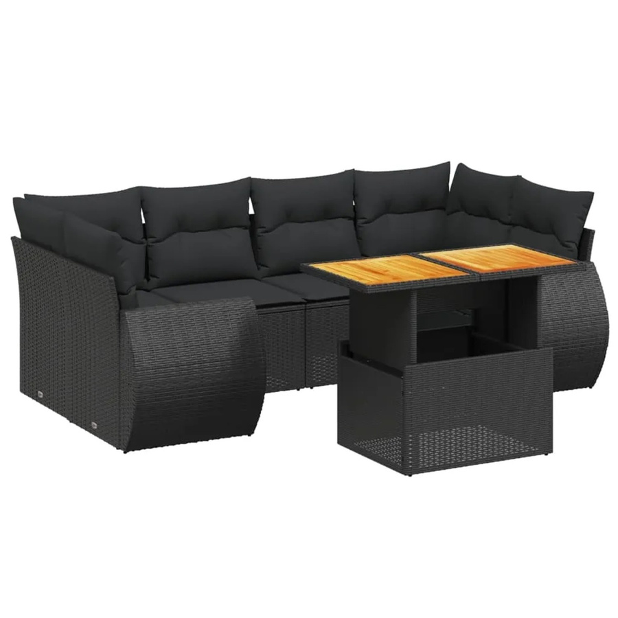 vidaXL 7-teilige Garten-Sofagarnitur in L-Form aus schwarzem Poly-Rattan mit Kissen und Akazienholz - Bild 2