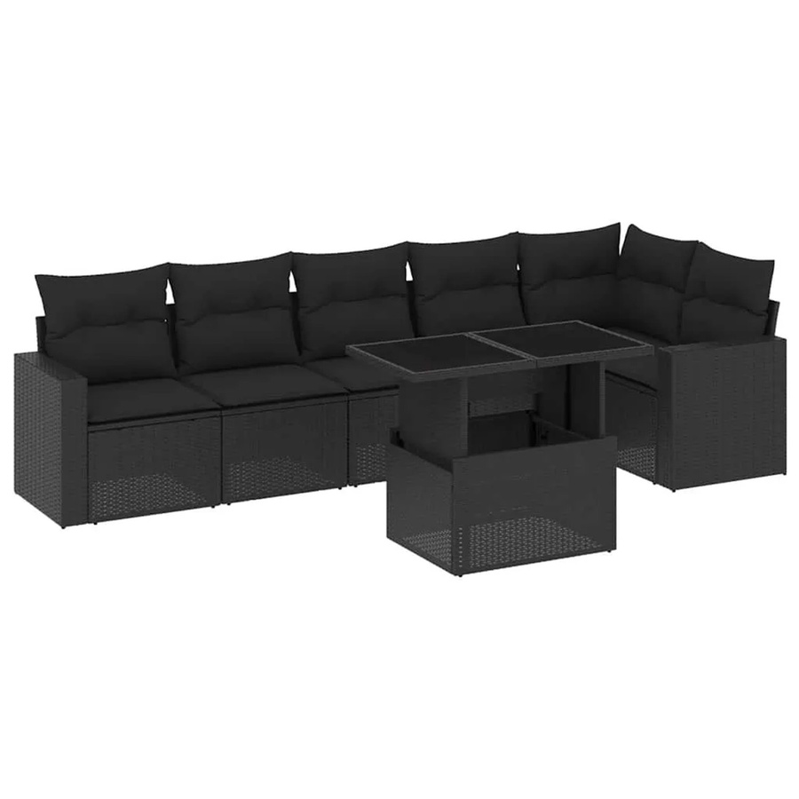 vidaXL 7-tlg. Garten-Sofagarnitur in L-Form aus Poly-Rattan und pulverbeschichtetem Stahl mit Kissen in Schwarz - Bild 2