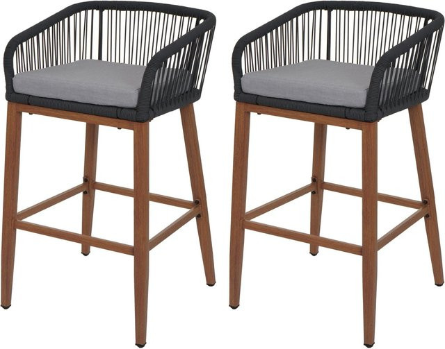 Proregal 2er-Set Rope-Barhocker mit Seilgeflecht und Sitzpolstern in Anthrazit und Hellgrau, H x B x T: 92 x 51 x 53 cm, Sitzhöhe: 76 cm - Bild 1