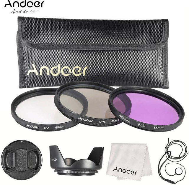 Andoer Filter-Set mit UV-, CPL- und FLD-Filtern sowie Gegenlichtblende und Kappe für Nikon, Canon und Pentax DSLR, Durchmesser: 55 mm, Multicolor - Bild 1