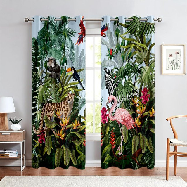 Dekorative Vorhänge mit tropischer Vegetation in Multicolour, 2er-Set mit Stangendurchzug, Breite: 50 cm, Höhe: 140 cm - Bild 1