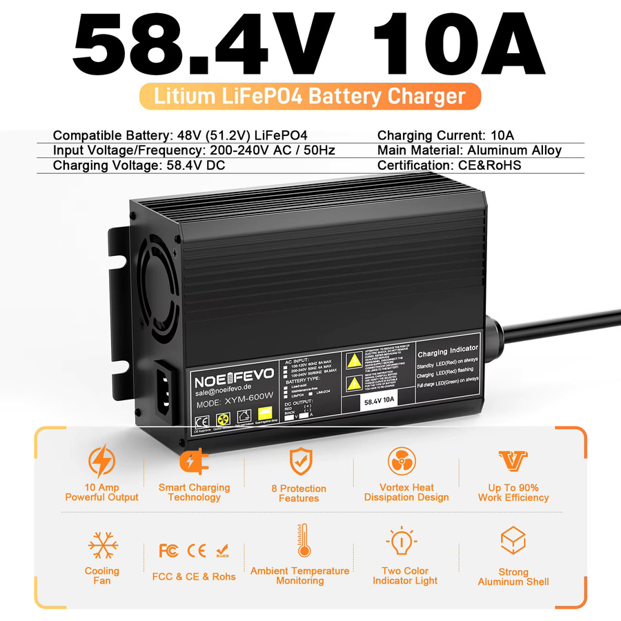 NOEIFEVO LiFePO4 Batterieladegerät 48V 51.2V 58.4V 10A 16S Schnellladegerät mit 0V BMS-Aktivierung und 8 Schutzfunktionen in Schwarz für Golfwagen und Wohnmobile - Bild 2