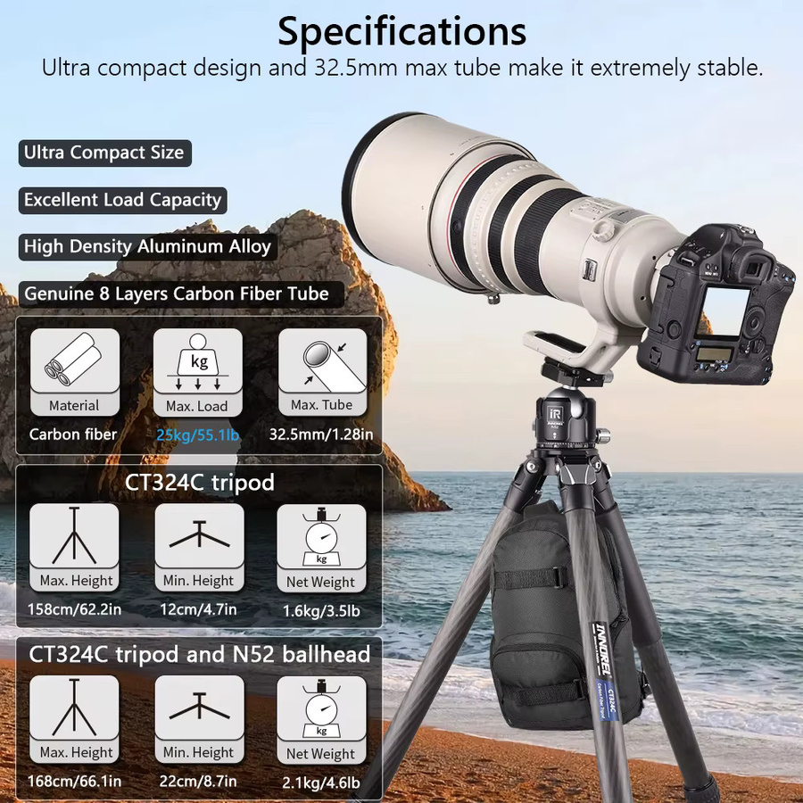 INNOREL CT324C Professionelles Reisekamerastativ in Schwarz mit Steintasche für DSLR und Camcorder, maximale Belastbarkeit 25 kg - Bild 2
