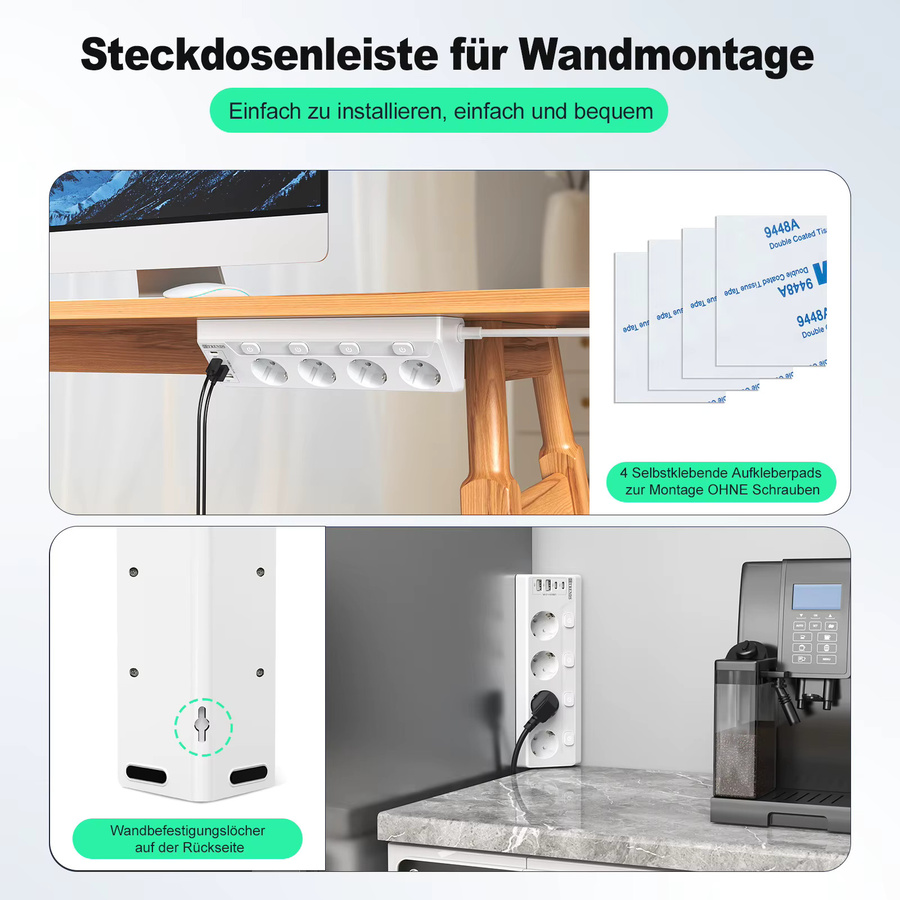 HITRENDS Desktop-Steckdosenleiste mit Überspannungsschutz, USB-A-Anschluss und 2 m Verlängerungskabel, Weiß - Bild 2