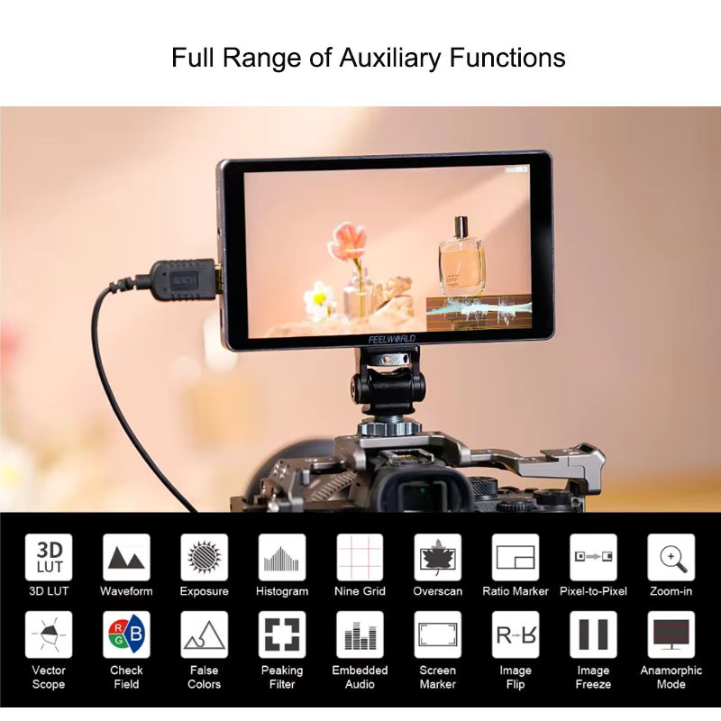 FEELWORLD P6XL 6-Zoll-Kamera-Feldmonitor mit 4K HDMI, 1200 Nits Helligkeit und eingebautem Akku in Schwarz und Silber - Bild 4
