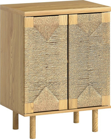 HOMCOM Anrichte im Boho-Stil mit 2 Türen und handgeflochtener Kordel, Wohnzimmer-Anrichte in Eiche mit verstellbarem Einlegeboden und Push-to-open, B/T/H: 60 x 40 x 78 cm