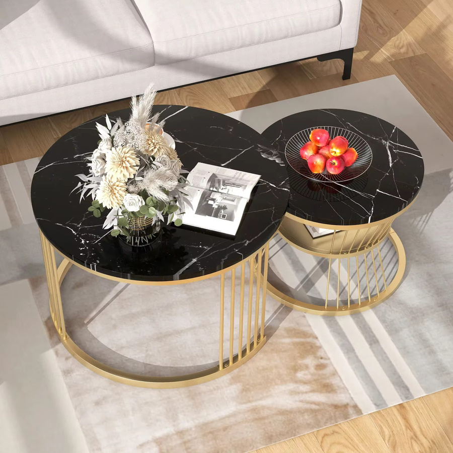Creahappy Couchtisch-Set Schwarz Modern mit runden Marmor-Tischplatten und glänzendem Finish - Bild 6