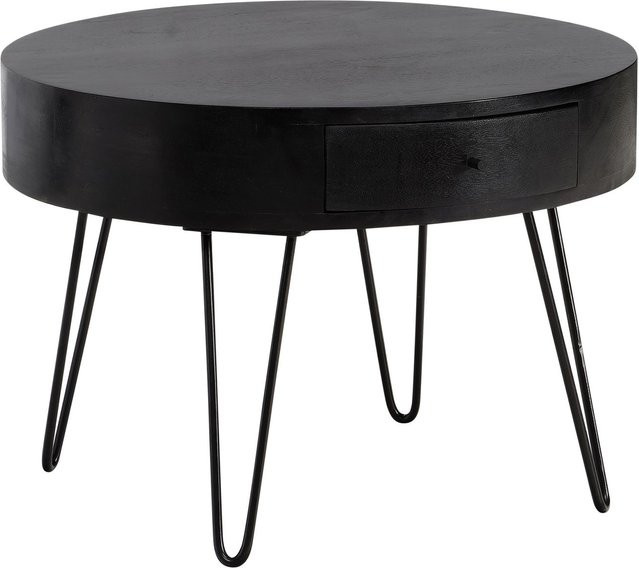Moderner runder Couchtisch aus Mango-Holz in Schwarz mit Metallbeinen, B/H/T: 60 x 43 x 60 cm - Bild 1