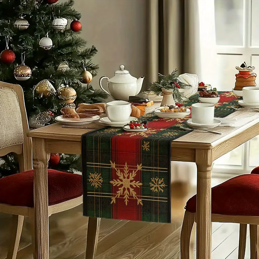VIKAMA Tischläufer Weihnachten mit kariertem Schneeflockenmuster in Rot und Grün, Stoff - Bild 2