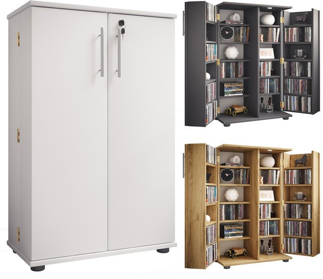 VCM CD DVD Standregal aus Holz mit 2 abschließbaren Türen und 20 variablen Einlegeböden, H 93 x B 60 x T 31 cm - Bild 1