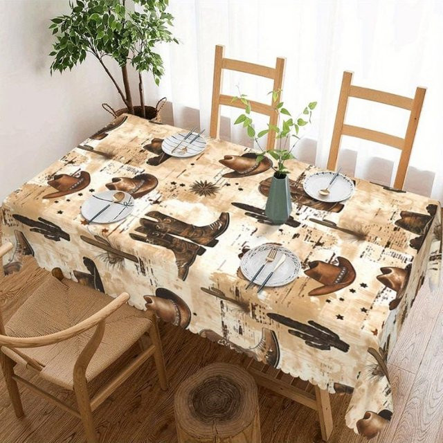 Westliche Cowboy-Tischdecke von JMG Household Supplies mit Stiefel- und Hutdruck in Beige, B/B: 90 x 140 cm, fleckenabweisend und wasserabweisend - Bild 1