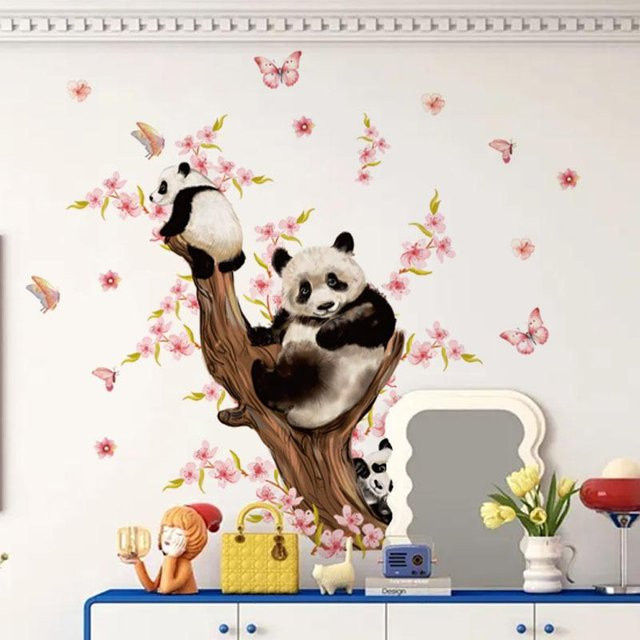 Binchi Wandaufkleber mit süßen Baby-Pandas und Pflaumenblüten in Weiß und Multicolour aus 3D-Vinyl für dein Wohnzimmer, Schlafzimmer oder Badezimmer - Bild 1