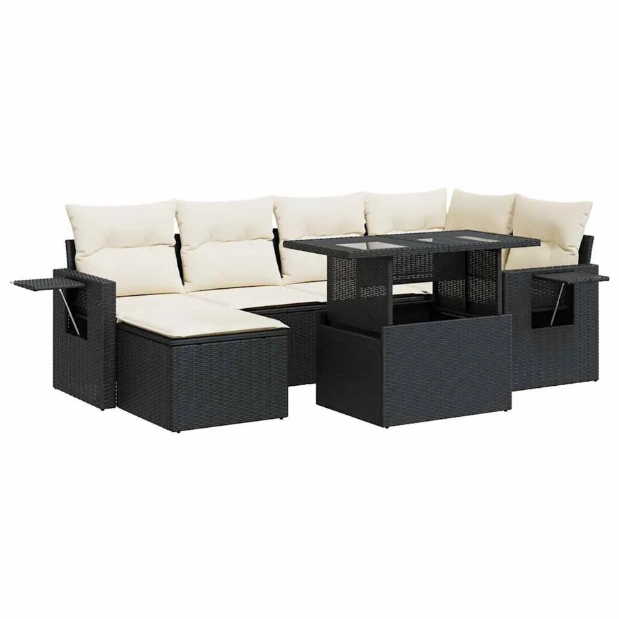 vidaXL 7-teilige Garten-Sofagarnitur in L-Form aus Poly-Rattan mit Kissen in Schwarz-Creme - Bild 2