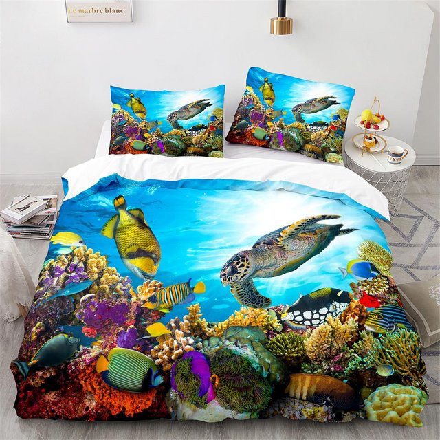 Bettwäscheset Unterwasserwelt von Binchi Fitness in Blau mit Hai und Meeresmotiven, 2-teilig aus Polyester, B/H: 135 x 200 cm - Bild 1
