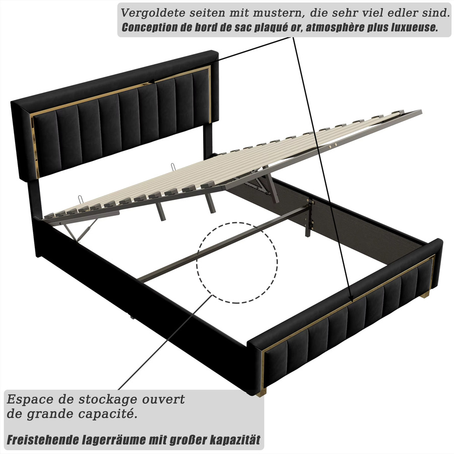 Fangange Samtbezogenes Bettgestell mit Stauraum und Goldmetallverzierung, Hydraulisches Hubbett mit vertikal getufteltem Kopfteil und Schwerlast-Holzlattenrost, B/T: 140 x 200 cm - Bild 5