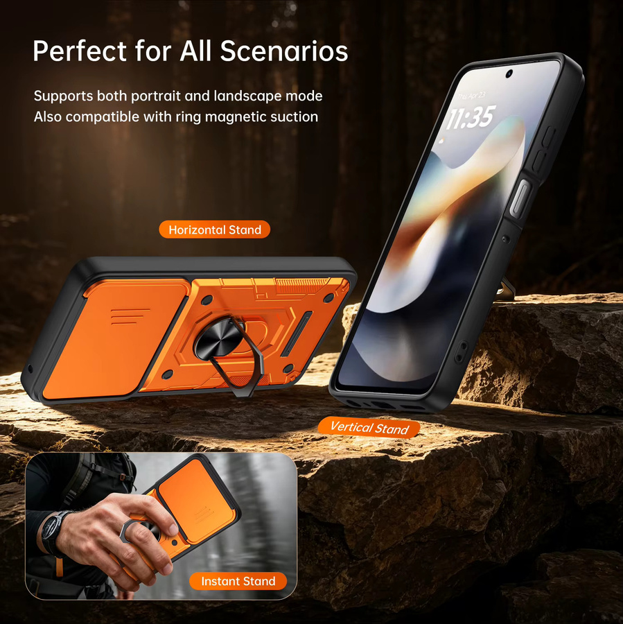 Motorola Kamera-Schutzhülle mit Schiebeobjektiv und Magnetring-Ständer für Edge 70 60 50 Fusion Ultra X70 AIR Moto G86 G85 G67 G56 in Schwarz und Orange - Bild 3