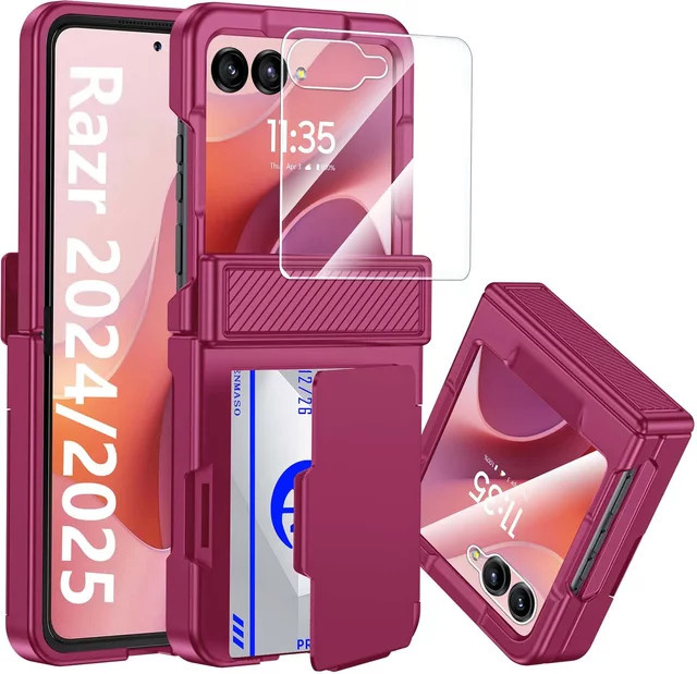 Motorola Razr Handyhülle mit Kartenclip, Scharnierschutz, RFID-Abschirmung und Displayschutzfolie in Rosenrot - Bild 1