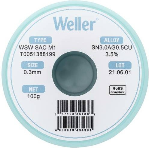 Weller Lötzinn Sn3,0Ag0,5Cu bleifrei Spule, Durchmesser: 0,30 mm, 100 g - Bild 1
