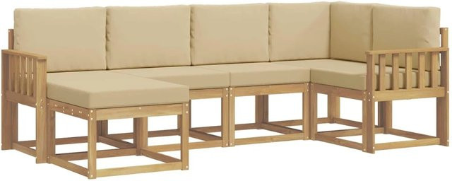 vidaXL Outdoor-Sofagarnitur 6-teilig in L-Form mit Kissen, Weiß und Beige, modernes Gartenmöbel-Set aus Akazienholz und UV-beständigem Polyester - Bild 1