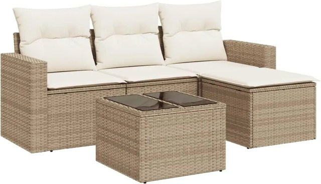 vidaXL 5-teilige Garten-Sofagarnitur in L-Form mit Polsterkissen und Couchtisch, Beige, Poly Rattan und Metallgestell - Bild 1