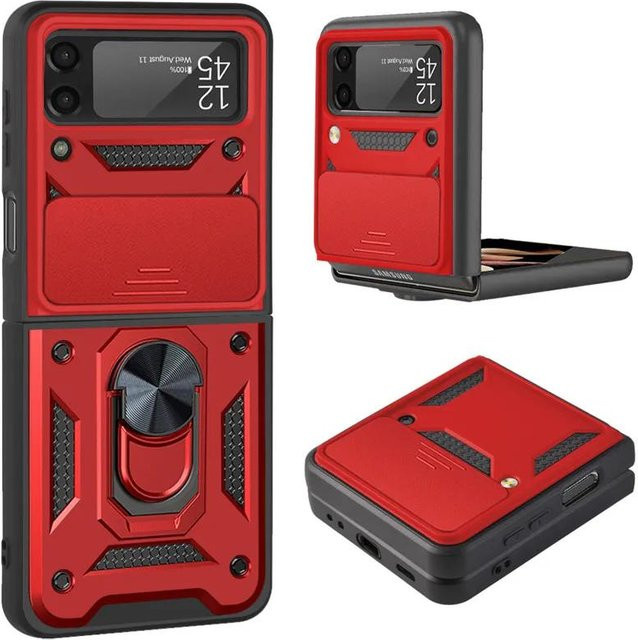 ESUFEIDA Stoßfeste Schutzhülle im Rüstungsdesign für Samsung Galaxy Z Flip 6, Z Flip 5, Z Flip 4 und Z Flip 3 mit magnetischem Ringhalter Ständer und schiebbarer Linsenabdeckung in Rot - Bild 1