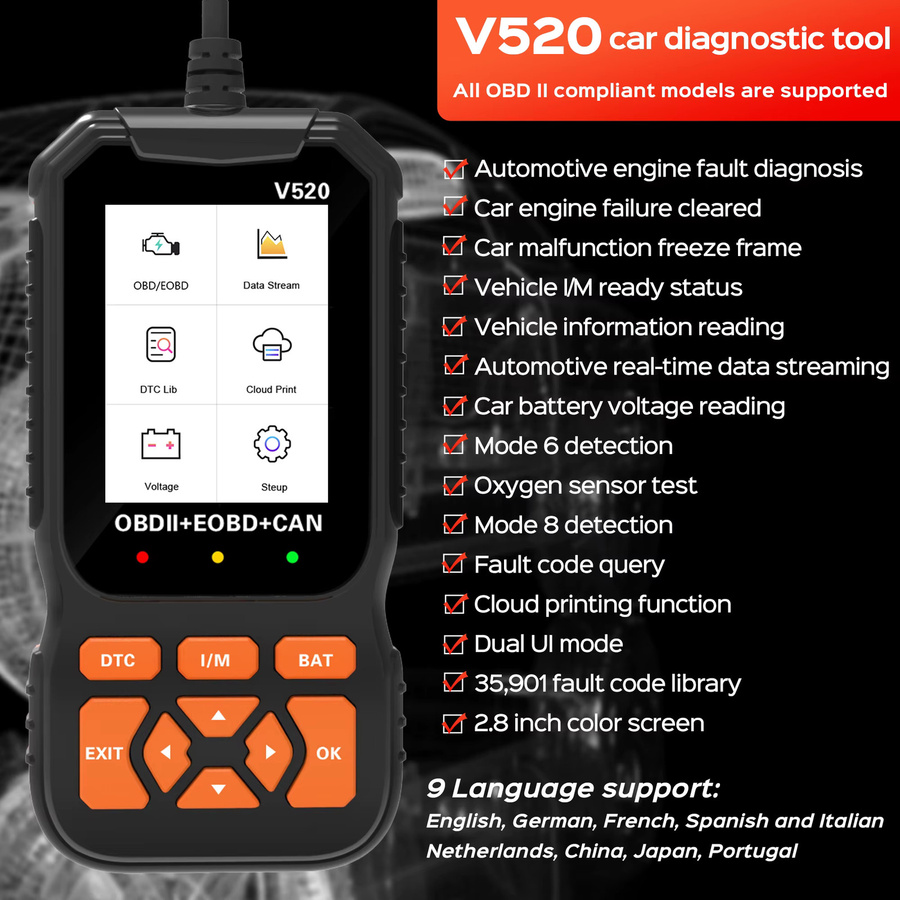 RUOGINSS OBD2-Scanner Diagnosetool in Schwarz zur Motorkontrollleuchten-Fehlerdiagnose und Reset-Funktion für alle Fahrzeuge - Bild 3