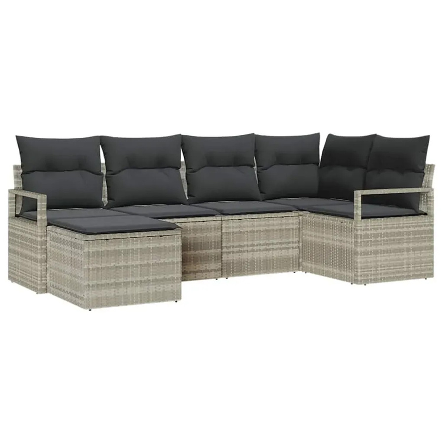 vidaXL Garten-Sofa-Set 6-teilig aus Polyrattan in Hellgrau mit Polsterkissen und Fußhocker - Bild 2