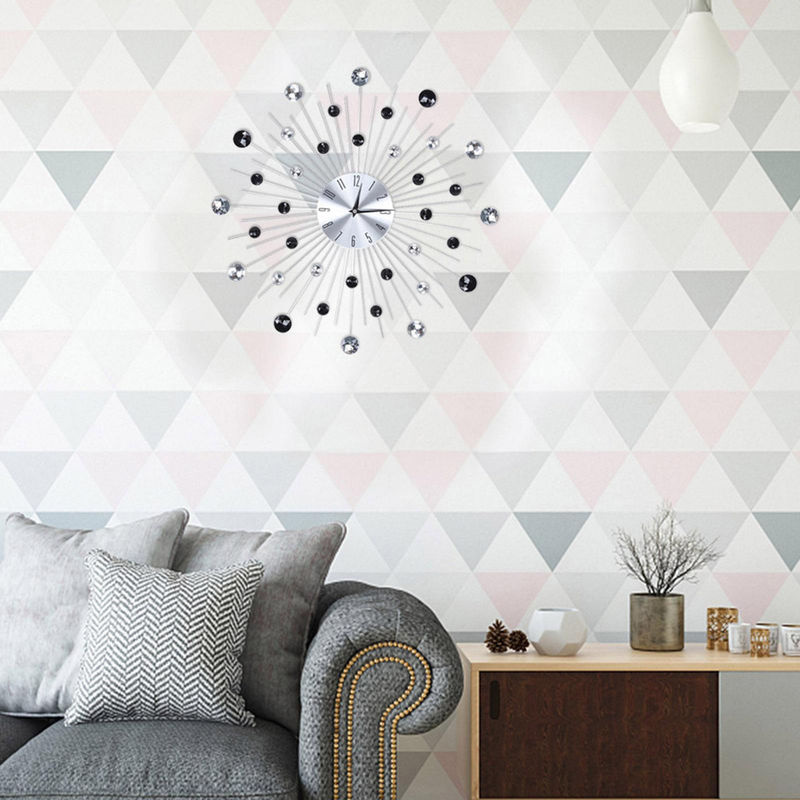 Tooarts Wanduhr aus Metall in Silber und Schwarz mit Glitzer-Effekt, analoge geometrische Dekoration für Wohnzimmer und Büro - Bild 4