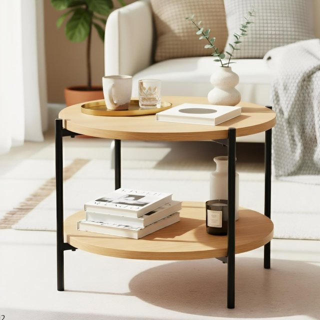 CLP Couchtisch Edduma rund aus Holz und Metall in Natur und Schwarz, Durchmesser: 50 cm - Bild 2