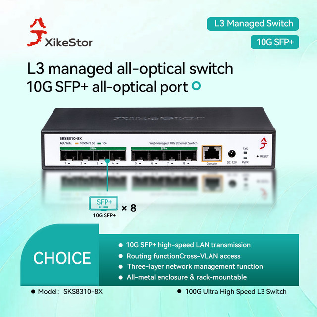 XikeStor Layer 3 Managed Netzwerk-Switch mit 10 GbE Glasfaser-Unterstützung, VLAN und Link-Aggregation, Schwarz - Bild 1