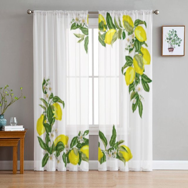 Transparenter Voile-Tüll-Vorhang mit Zitrus- und Zitronenblüten-Motiv von A Family Of Home Textiles, Farbe: Weiß/Mehrfarbig, B: 135 cm, H: 160 cm - Bild 1