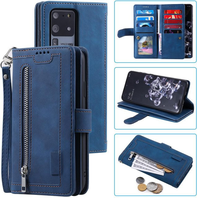 Leder Handyhülle mit Reißverschluss und Kartenfach für Samsung Galaxy S25 Ultra, S24 Ultra, S25 Plus, S23+ und S24 FE in Blau mit Ständerfunktion - Bild 1
