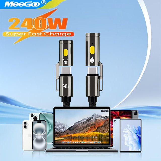 MeeGoo USB-C auf USB-C Schnelllade-Datenkabel mit 240 W PD-Leistung und LED-Taschenlampe, Schwarz - Bild 1