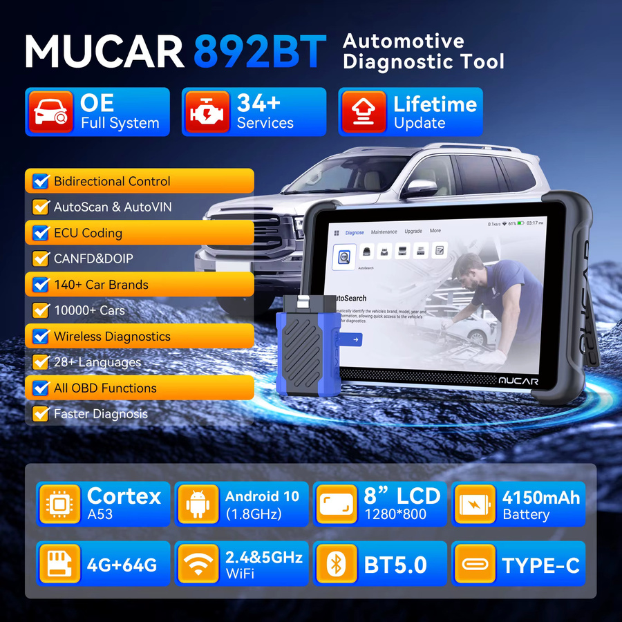 MUCAR 892BT AI-Schlüsselprogrammierung TKEY 101 Kfz-Diagnosetool in Schwarz mit bidirektionalem OBD2-Scanner, ECU-Codierung, CANFD, DOIP und 35 Resets - Bild 2