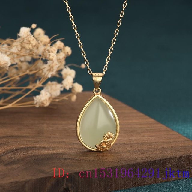 Wucifang Jewelry Anhänger Grüner Jade Lotus, 925 Silber, Zirkon, Damen, 45cm - Bild 1