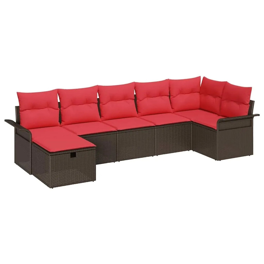 vidaXL Gartensofa-Set aus Poly-Rattan in L-Form mit 7 Kissen, Braun und Rot - Bild 2