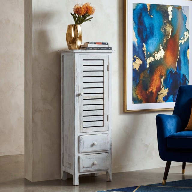 MCW Kommode Schrank aus Paulowniaholz im Shabby-Look, Weiß, B/T/H: 90 x 30 x 25 cm - Bild 1