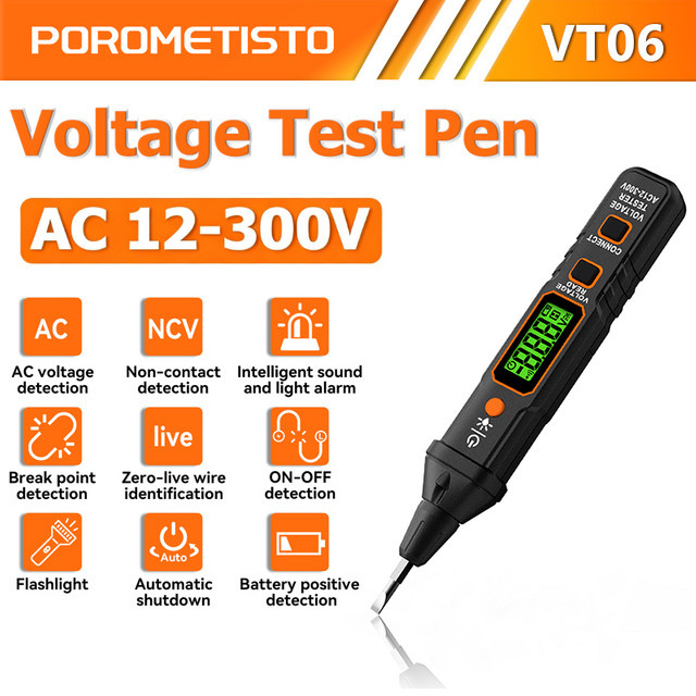 POROMETISTO VT06 Smart Induktiver Spannungsprüfer in Schwarz, NCV Kontinuitätstester und Spannungstest-Stift für AC 12-300V - Bild 1
