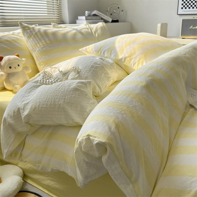 Bin Chi Textiles Quilt-Set aus gewaschener Baumwolle mit Doppelgarn-Krepp und Jacquard-Struktur, Gestreift, Gelb, Bettwäsche-Set bestehend aus Bettbezug, Kissenbezügen und Spannbettlaken, B/T: 200 x 230 cm, Kissenbezüge: 90 x 200 cm - Bild 1