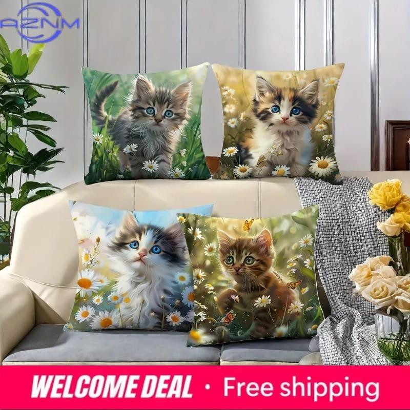 Niedliche Kissenhülle Gänseblümchen und Wildkatze von Shunika Chen, ultra-weiches Polyester, Multicolor, B/B: 18 x 18 cm - Bild 2